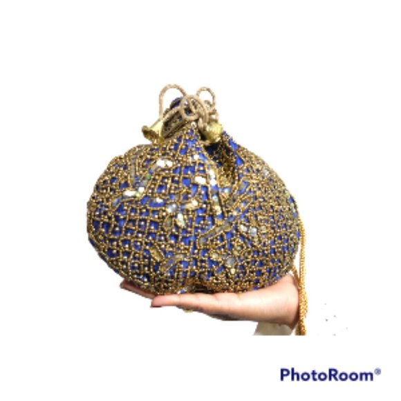 NWT Royal Blue Gold Pearl and Sequence embroidered bucket bag/potli - Picture 2 of 3